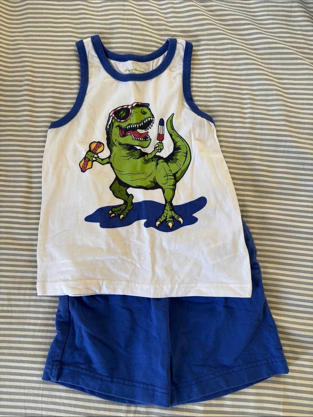 Tommy Bahama White Tank Top with Green Dino Graphic and Blue Trim